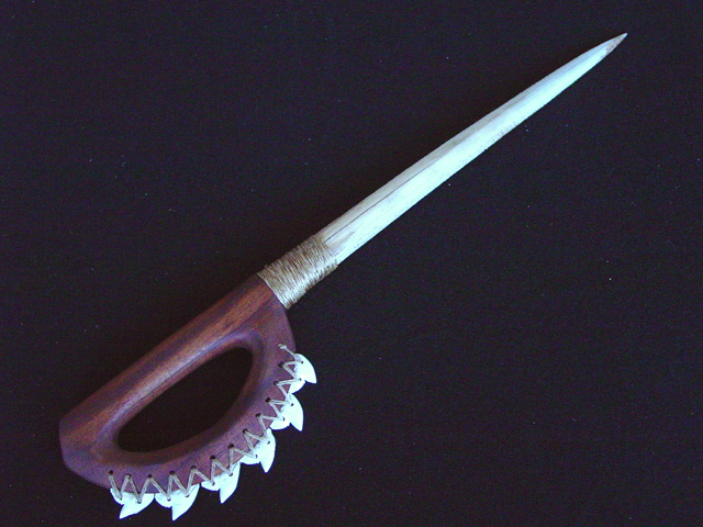 Weapons are made of wood and/or stone with the inclusion of sharks' teeth on some of the weapons